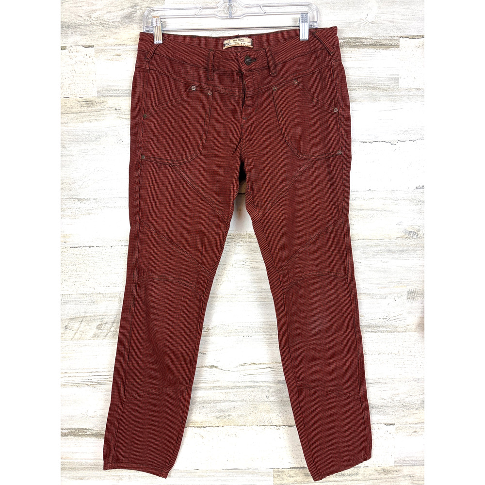Free People Womens 29 Houndstooth Moto Skinny Pants Y2K Biker Red Orange Casual